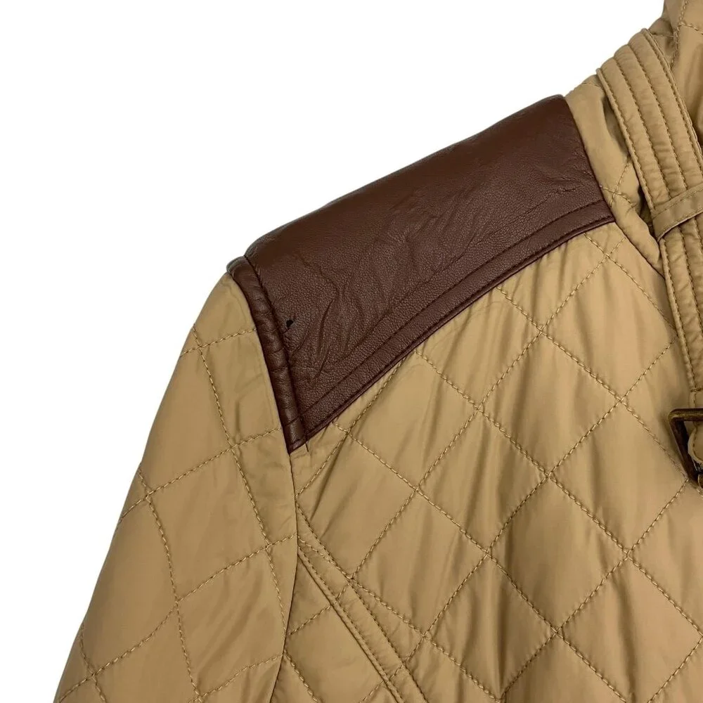 Ralph Lauren Diamond Quilted Barn Jacket Womens L Faux Leather Trim Birch Tan - Picture 3 of 16